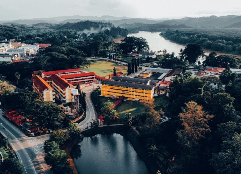 Stunning aerial view of Kuala Krai, Kelantan showcasing lush greenery and a winding river.